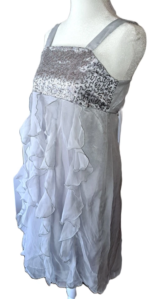 Niñas GEORGE Vestido de Fiesta Plateado Lentejuelas 16 Volantes Verticales Baile de graduación Formal Gris Tul Foto 3 de 4