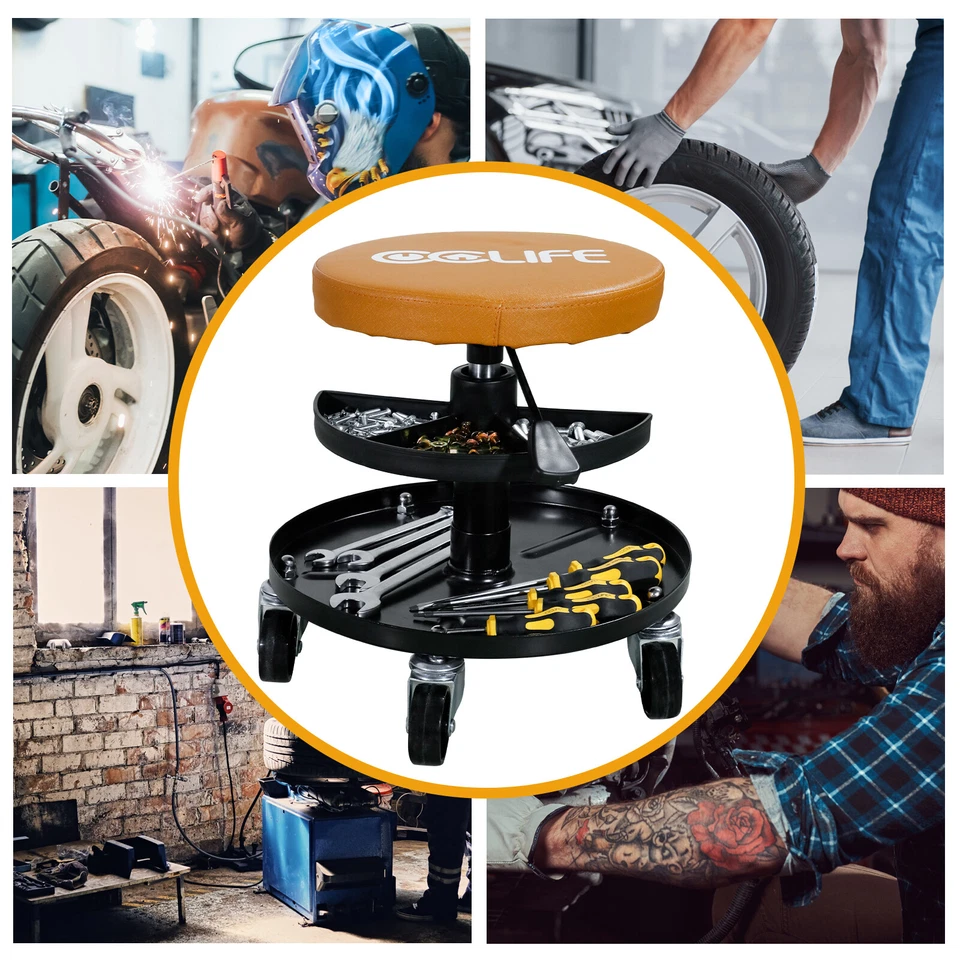 Werkstatthocker Mit Rollen Höhenverstellbar Werkstattstuhl 2 Ablagen 150kg - Bild 2 von 4