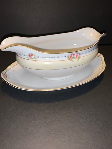 Vintage Nippon Handpainted Gravy Boat With Under Plate Gold W/roses - Picture 4 of 6