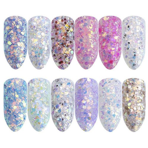 12 Colors Mixed Hexagon Nail Dust Sets Glitter Mermaid Sequin Gel Decoration - Picture 7 of 8