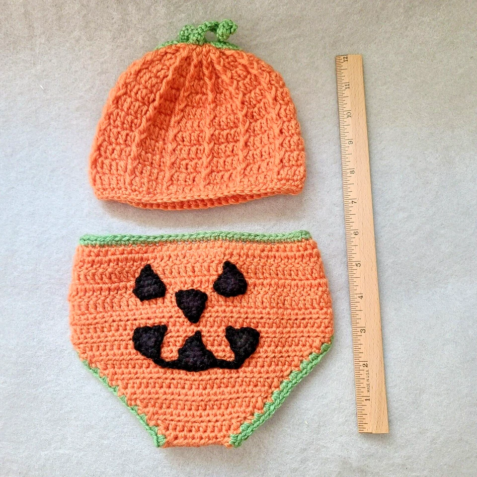 Funda y sombrero pañales calabaza recién nacido ganchillo bebé 0-6 meses otoño otoño Halloween Foto 4 de 4