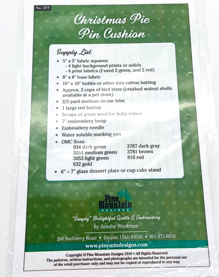 Christmas Pie Pin Cushion Pattern Instructions 6x3 Sewing Embroidery Sealed NWT - Image 4 of 4