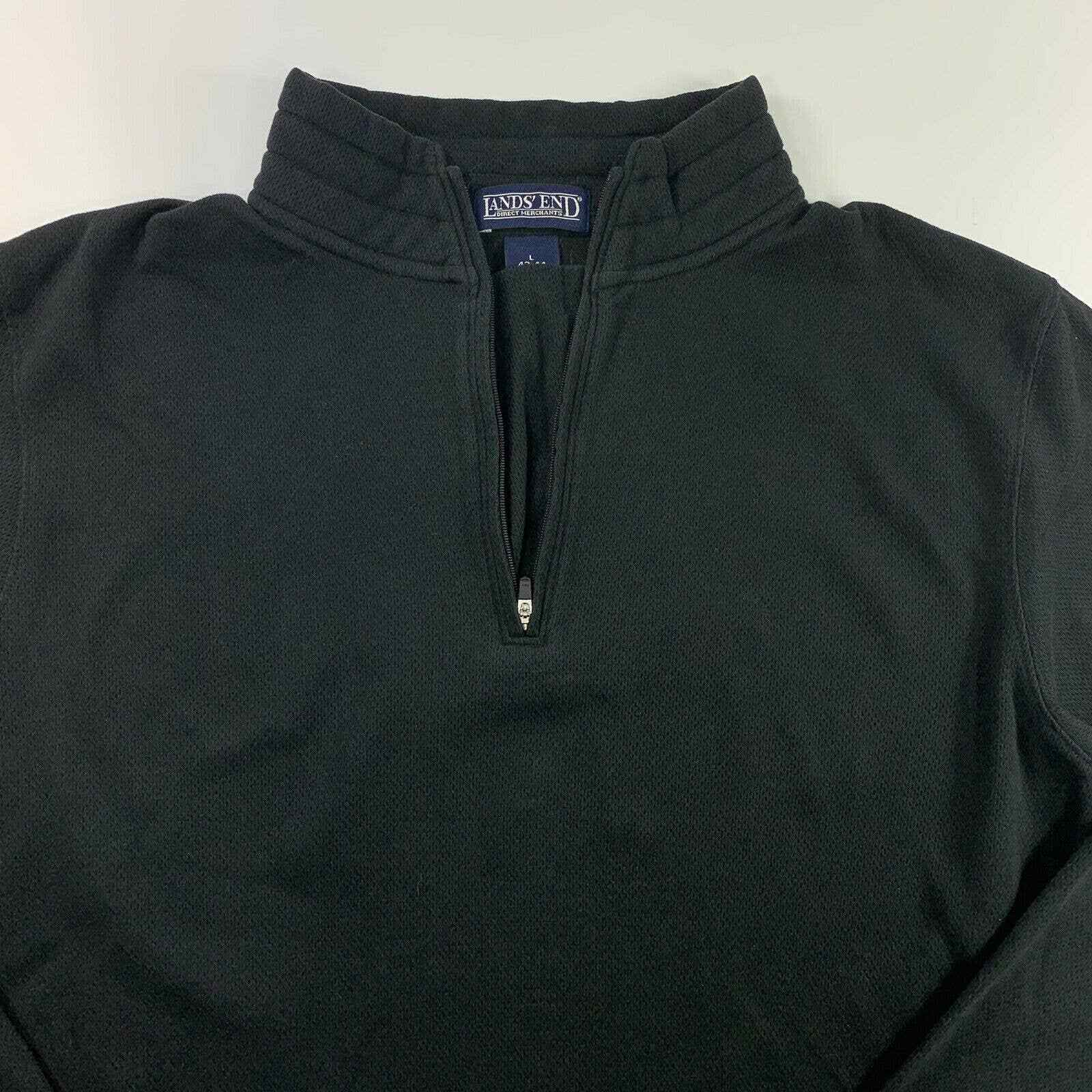 Land's End Men's Fleece Pullover Sweater Large Black Cotton 1/4 Zip 42