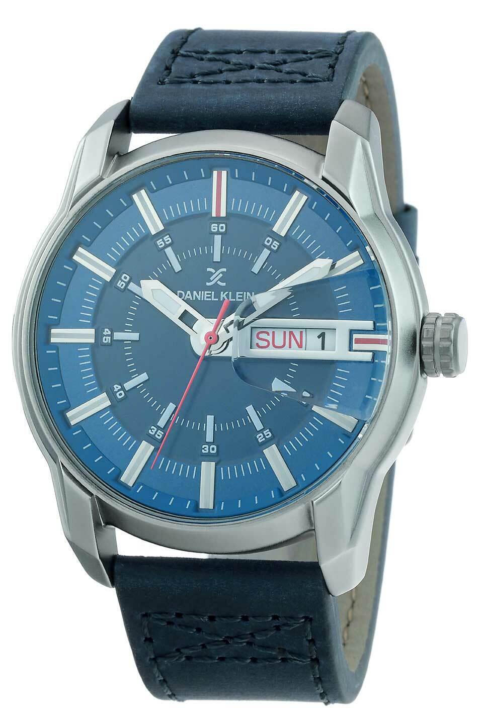 Daniel Klein 46mm Analog Mens Fashion Quartz Watch Grey / Blue Leather Watch