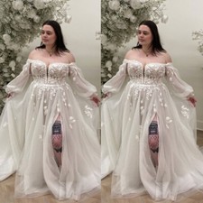 Elegant Long Sleeves Wedding Dresses Plus Size Side Split Lace Appliques Bridal
