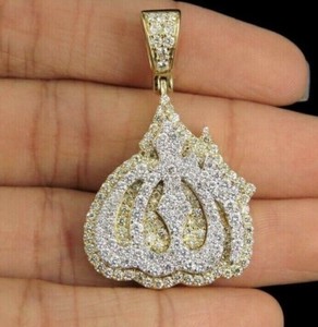 Authentic Men's 14k Yellow Gold Plated 3Ct Moissanite Islamic Prophet Allah Pendant Silver