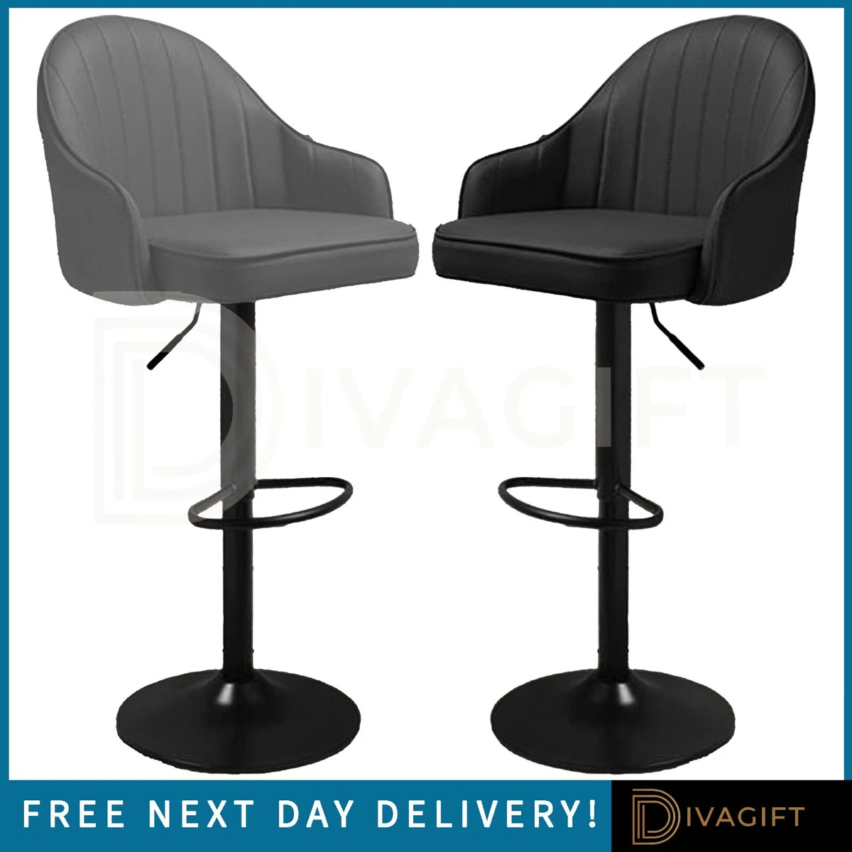 2 X BREAKFAST BAR STOOL SWIVEL GREY BLACK ADJUSTABLE KITCHEN