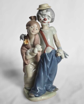 8'' Lladro Pals Forever figurine, clown & girl carry poodle pups, w/ BOX, Spain
