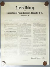 Plakat Arbeits-Ordnung 1913 Steinnu&szlig; Knopffabrik Schimmel Schmieder Schm&ouml;lln S.A