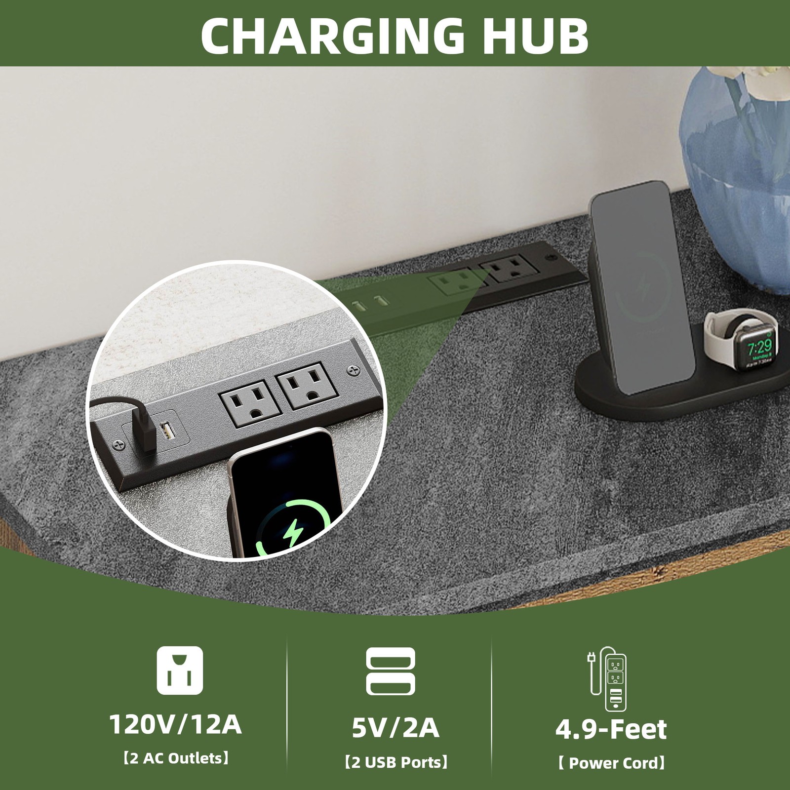 Set of 2 Nightstand with Charging Station Farmhouse Table with 3 Drawers Brown