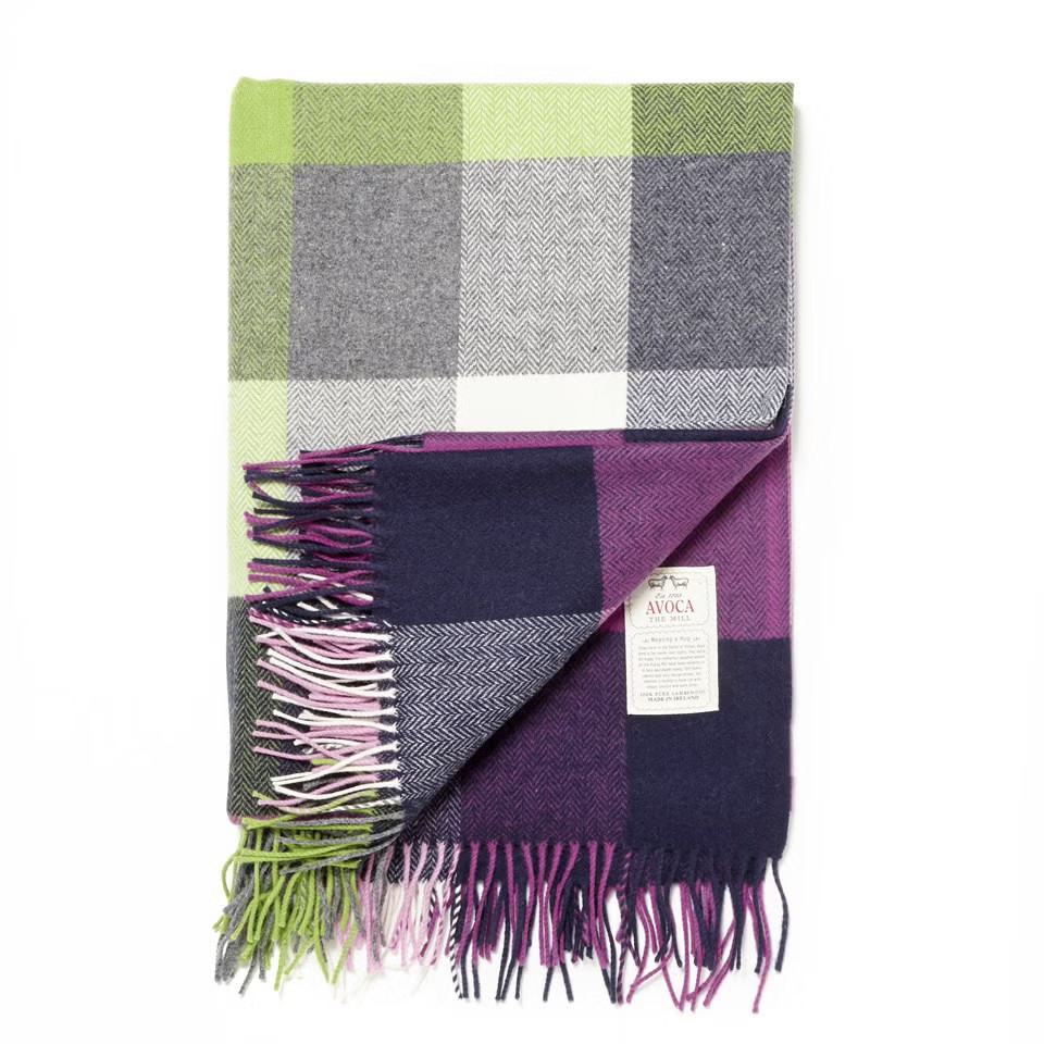 Avoca 100% Irish Lambswool Throw 60" x 40"(Inc fringe) Purple Green Plaid