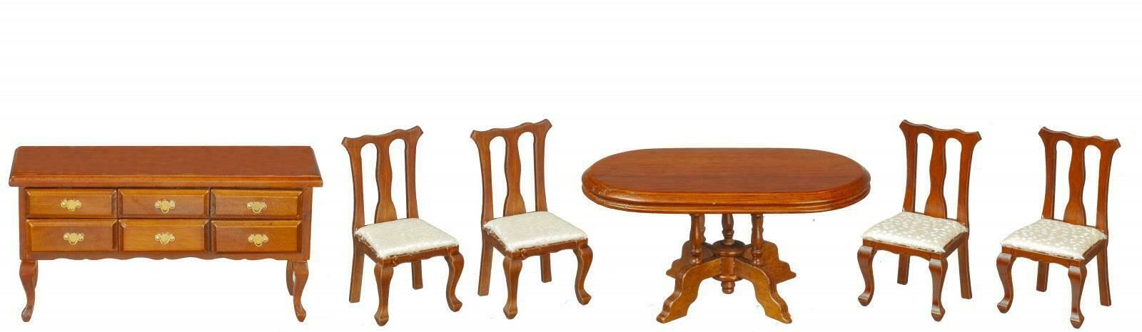 Dolls House Victorian Walnut Dining Furniture Set with Oval Pedestal Table 1:12