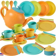 Buyger Kids Kitchen Accessories Tea Set, 15-Piece Pretend Play Dinnerware Set