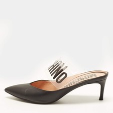 Moschino Size 40 TransparentBlack Leather and PVC Logo Print Mules