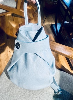 Italian Genuine Leather Ostrich Pattern Handle Backpack Shoulder Bag Blue NEW