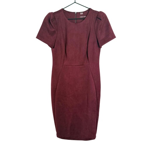 Calvin Klein Sheath Dress Burgundy Maroon Womens 6 Puff Sleeve Faux Suede Fall - Picture 3 of 15
