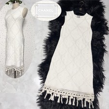 CHANEL Matelassé Flower Crochet Sleeveless Knit Dress, Size 36, Off-White Good