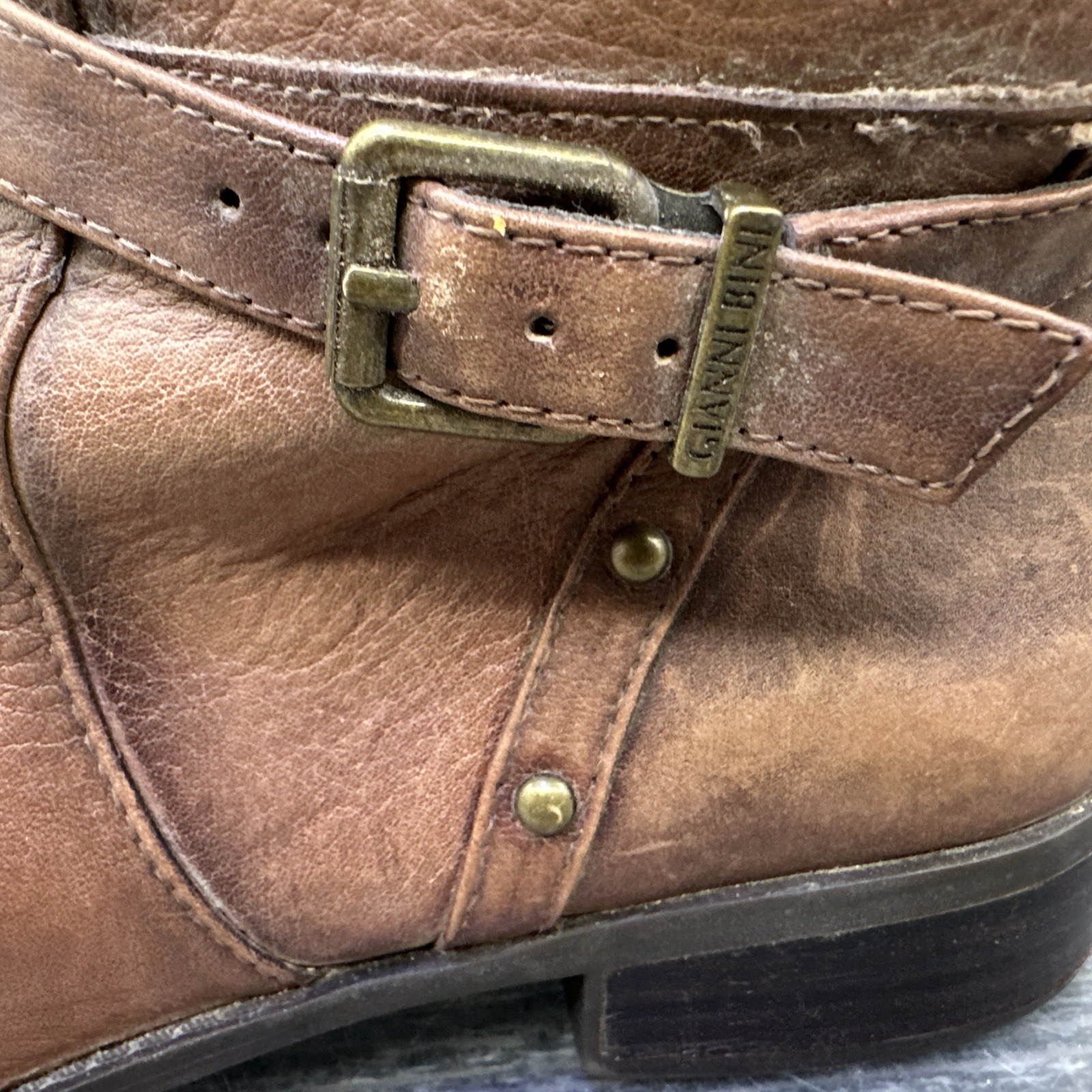 Gianni Bini Steampunk Boots Size 9M Mid Calf  Low Heel Brown Leather Wrap Strap