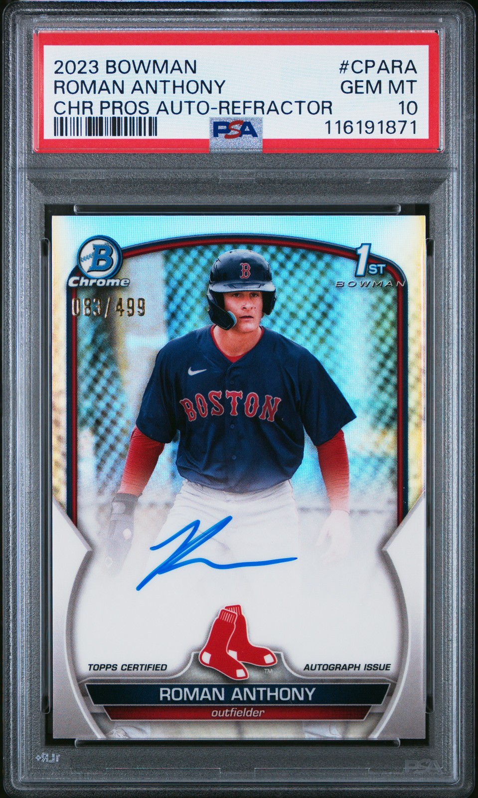 2023 BOWMAN CHROME PROSPECT AUTOS REFRACTOR ROMAN ANTHONY 83/499 PSA 10 AUTO