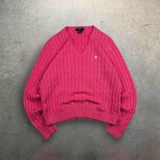 Vintage Chaps Polo Ralph Lauren Pink Cable Knit V Neck Preppy Sweater Size XL