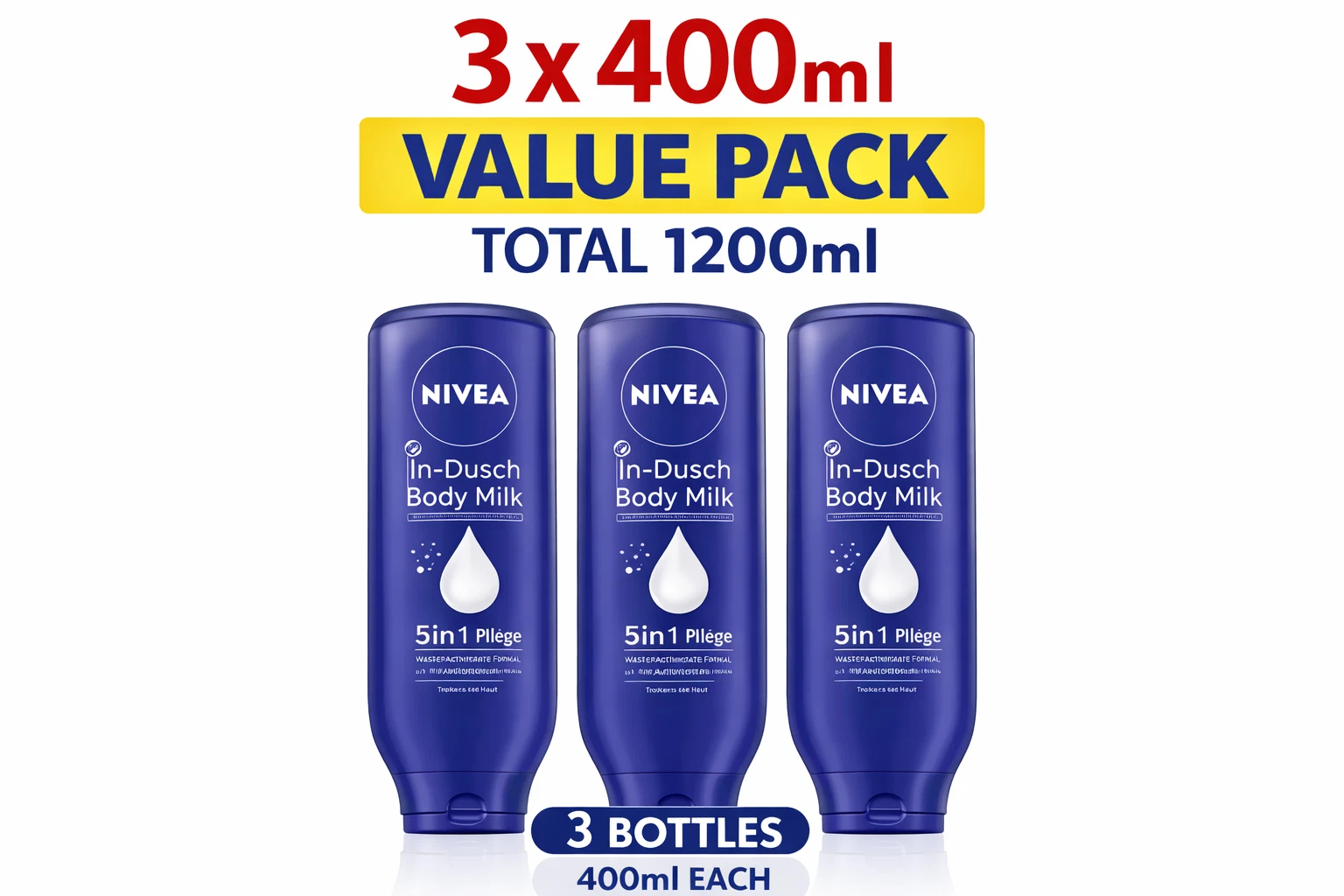 3x NIVEA In Shower Body Milk 400ml Moisturiser Dry Skin Lotion VALUE PACK