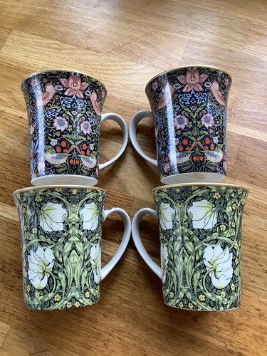 William Morris Birds Strawberry Thief & Pimpernel White China Mug Set X 4 - Picture 1 of 10