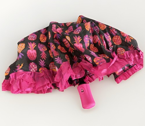 Betsey Johnson Regenschirm Hot Pink Schwarz mit Ananas Rüschen Upside Down 🙃 - Bild 5 von 6