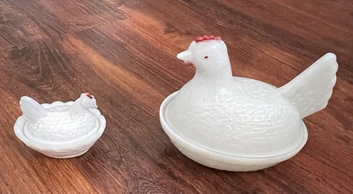 Vintage White Milk Glass 2"  & 4” Hen  2-Piece Sets, Bowl w/Lid