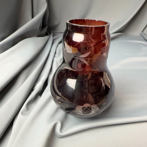 Vintage Cranberry Cut to Clear Mustard Jar Base Bohemian Crystal Etched 5.25x4 - Picture 7 of 12
