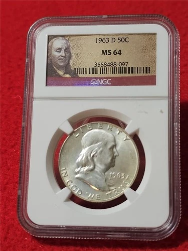 1963-D UNC FRANKLIN SILVER HALF DOLLAR   NGC MS 64                        #T1094