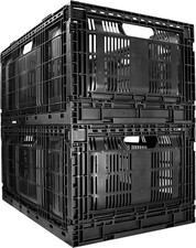 Large 2-Pack Collapsible Plastic Storage Crate   Stackable Utility Bin with Fold