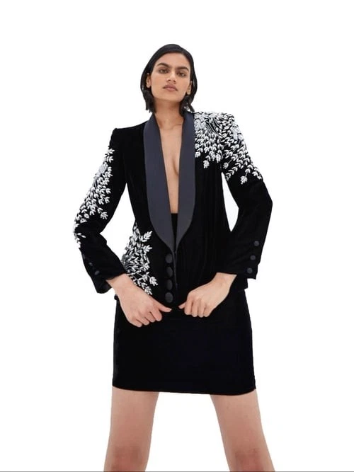 Womens Velvet Embroidery Jacket Handbeaded Rhinetsone Work Coat Jacket