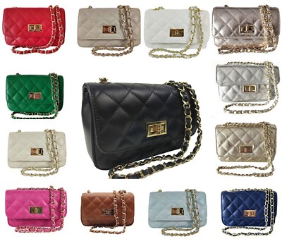 ITALY Damen Schultertasche Handtasche Umhängetasche Kette Leder gesteppt 4035