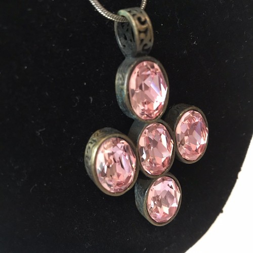 Dyrberg Kern Dutch Pink Bezel Set Crystals Cross Copper Karan Pendant w Patina - Picture 2 of 6