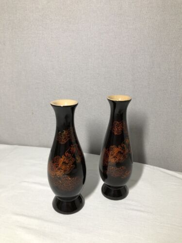 Pair Fuzhou Chinese Lacquer Vases 7.5” Tall Dragon Clouds - Picture 3 of 19