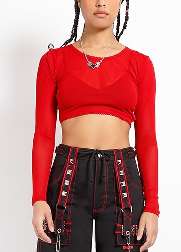 Tripp NYC Red Long Sleeve Fishnet Crop Top - Large - Afbeelding 1 van 3
