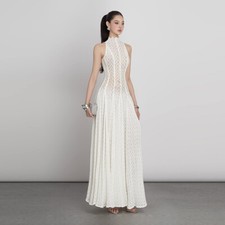 Retro Women Sleeveless Evening Party Hollow Lace Pleated Ruffle Hem A-Line Skirt