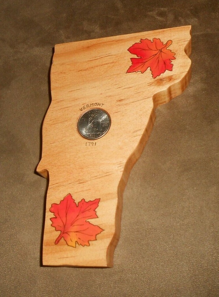 Wooden Shape Vermont State Cutout Maple Leaves and US Quarter New