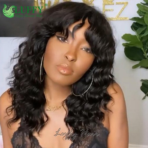 Deep Wave Brazilian Human Hair Wigs Wavy Scalp Top Machine Made Wigs With Bangs - Picture 3 of 12