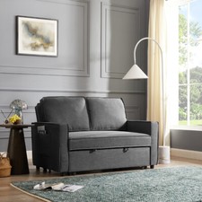 2 Seater Sofa Bed Pull Out Linen Fabric Dark Grey Blue Linen Sofabed
