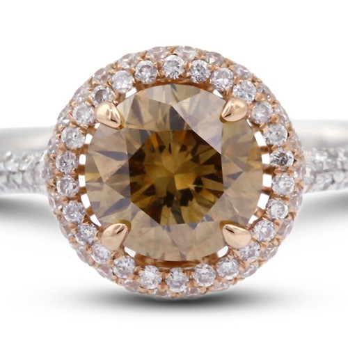 1.78ct Brown VS2 Round Earth Mined Certified Diamonds 18k Halo Sidestone Ring - Picture 4 of 13