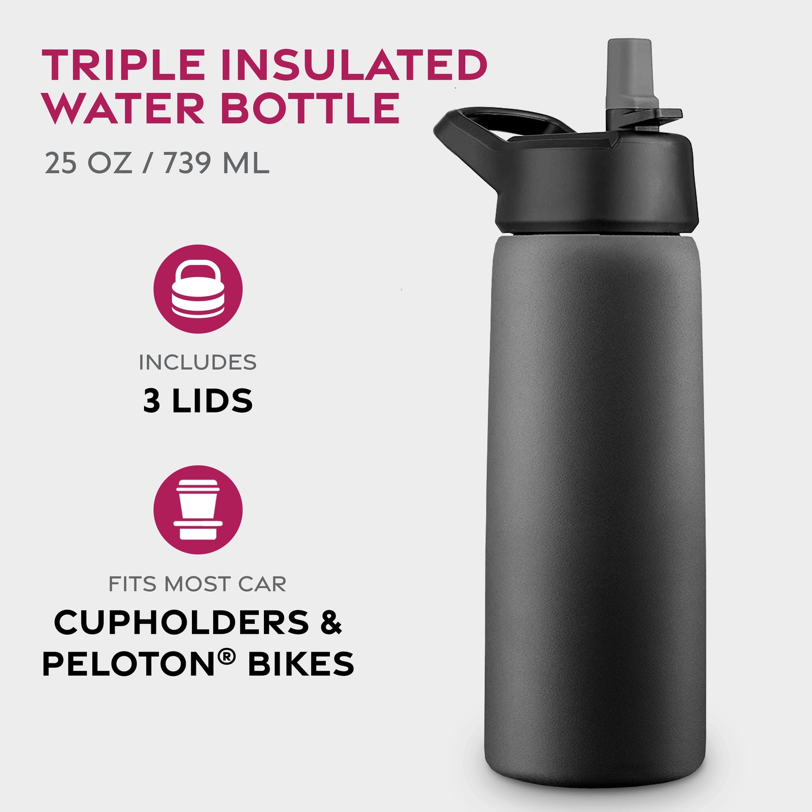 Insulated Water Bottles with Straw - 25 Oz Stainless Steel Bottle W/ 3 Lids