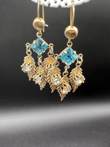 Vintage Gold Tone Leaf Dangle Pierced Earrings, Aqua&Clear Rhinestones - Picture 2 of 7