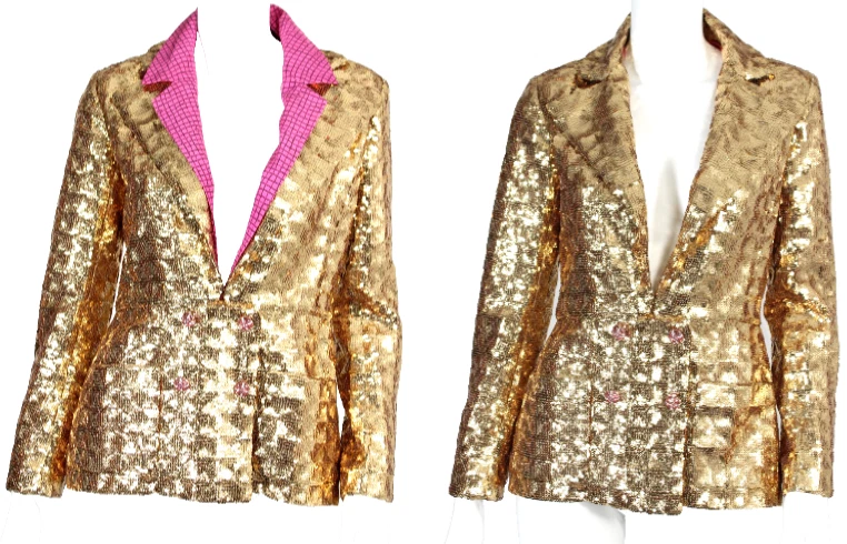 Giacca CHANEL $11.200 2024 24C oro paillettes rosa colletto cristallo bottoni CC 36