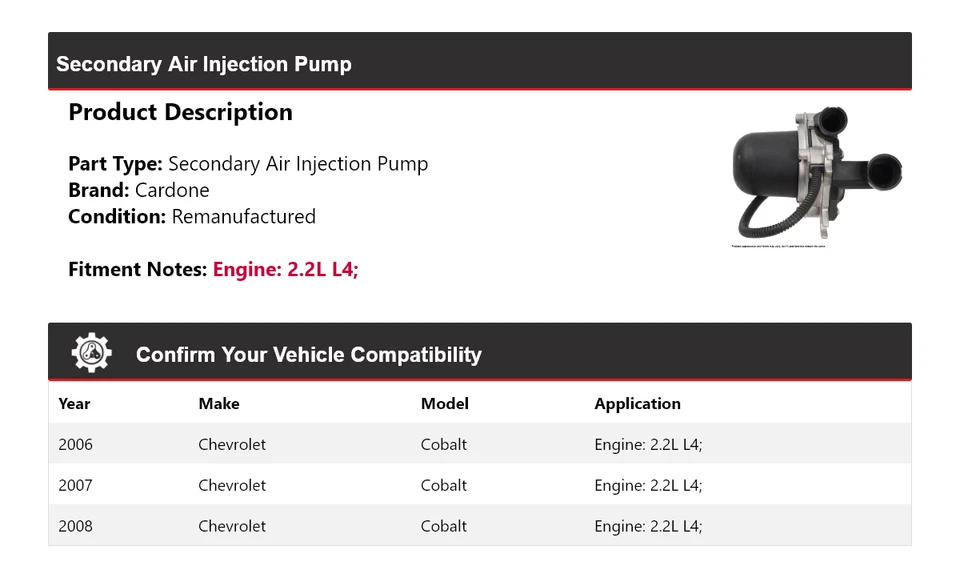Bomba de inyección de aire secundaria Cardone 2007 para Chevrolet Cobalt 2,2 L L4 2006-2008 Foto 2 de 4