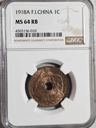 French Indochina 1 Cent 1918A NGC MS 64 RB