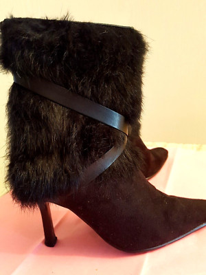 Fell schwarz 36 faux Leder Pelz High Heels Stiefelette Abend Disco Fest TOP wS22