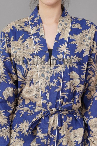Trendy Cotton Kimono Elegant Blue Floral Bathrobe Resort Wear Beach Bikini Cover - Picture 5 of 6