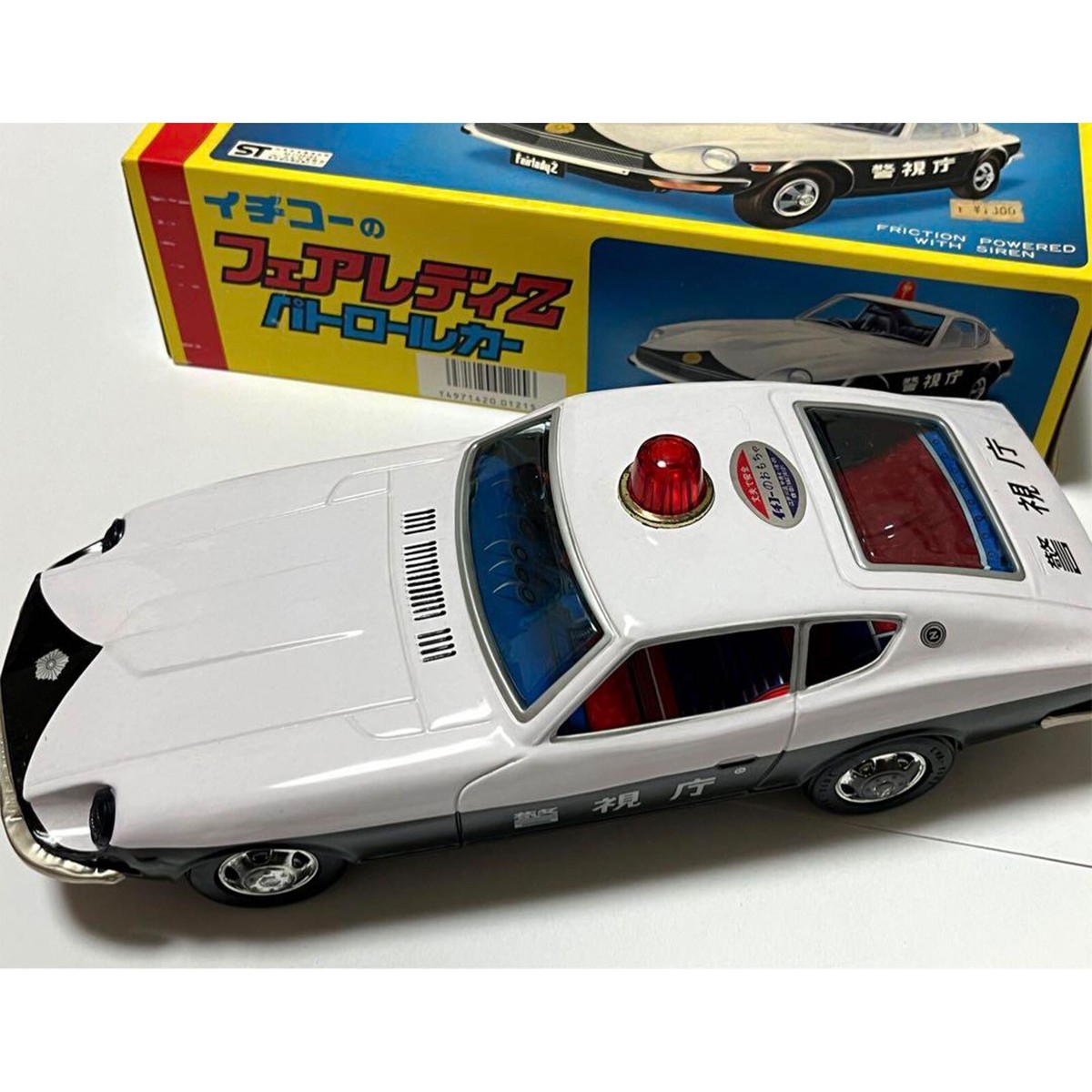 イチコーPOLIZEIパトカー白緑 小 リモコン欠tinブリキtoy car箱付 ICHIKO Fairlady Z Patrol Police Car Tin Toy Friction Powered