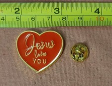 Jesus Loves You Heart Red and Gold Tone Religious Hat Jacket Lapel Pin